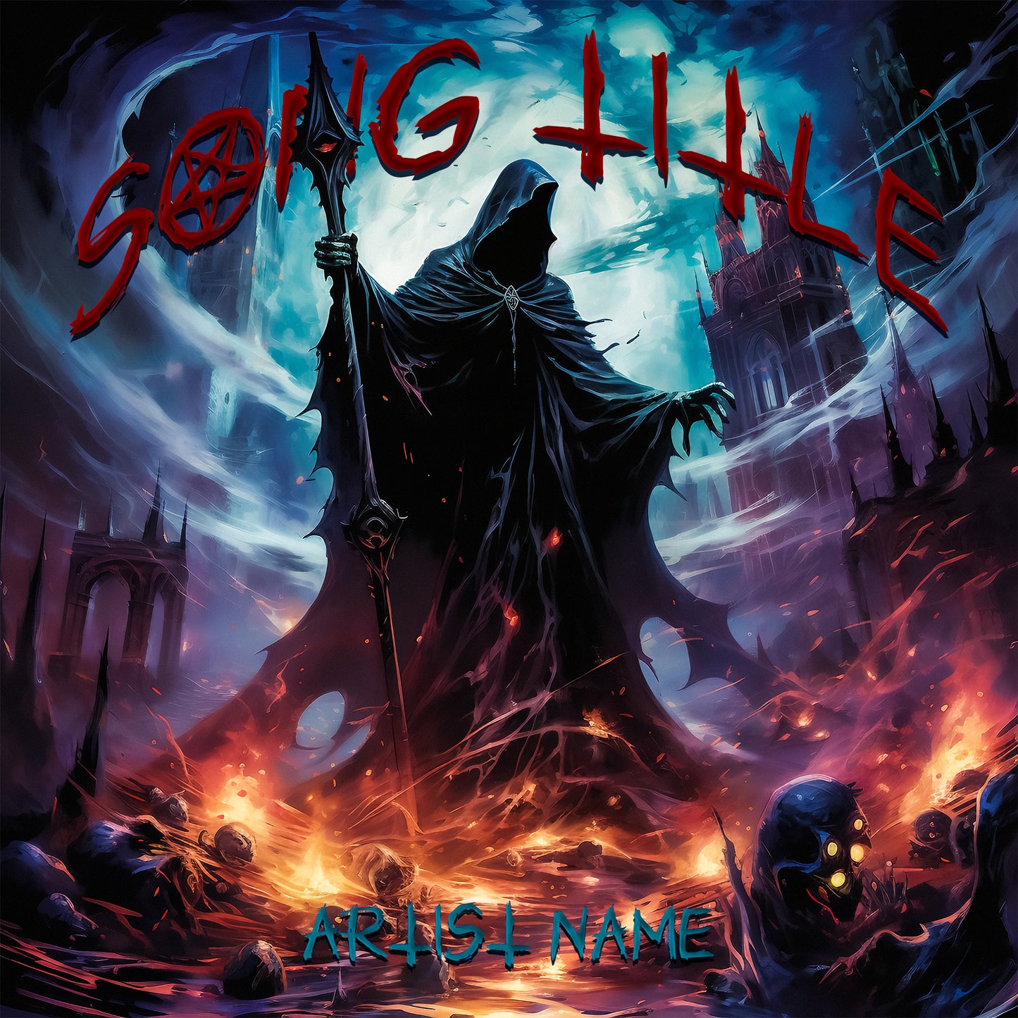 Grim reaper trippy cover art for music, heavy metal cover art, horror art