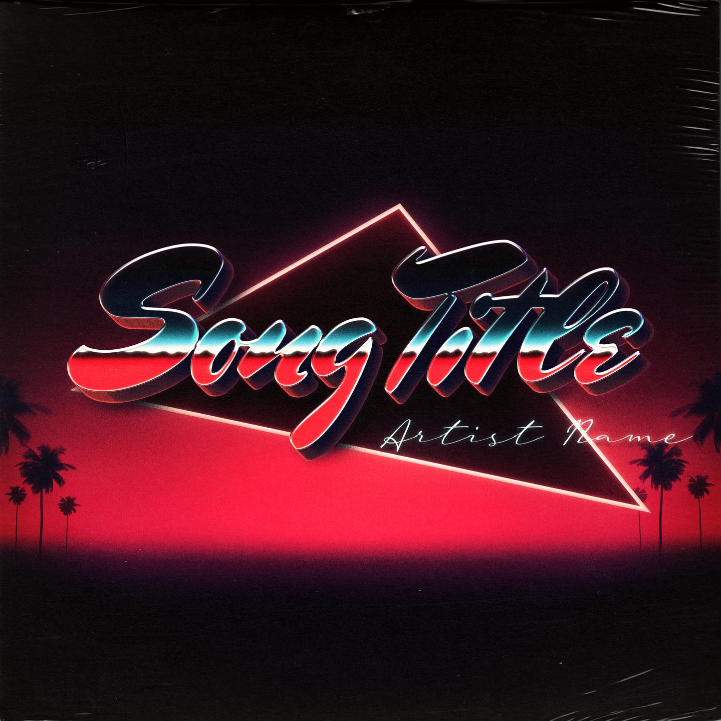 Retro chrome font with synthwave sunset cover art