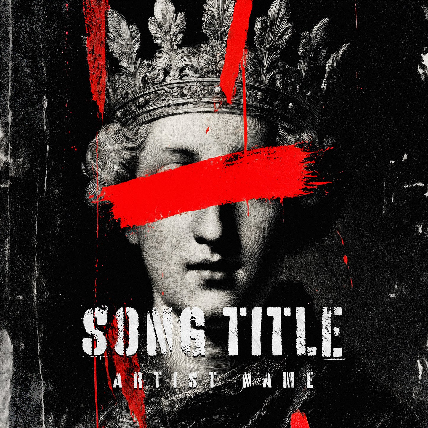 Album cover with classical statue, red accents, and text placeholder for song title and artist name.