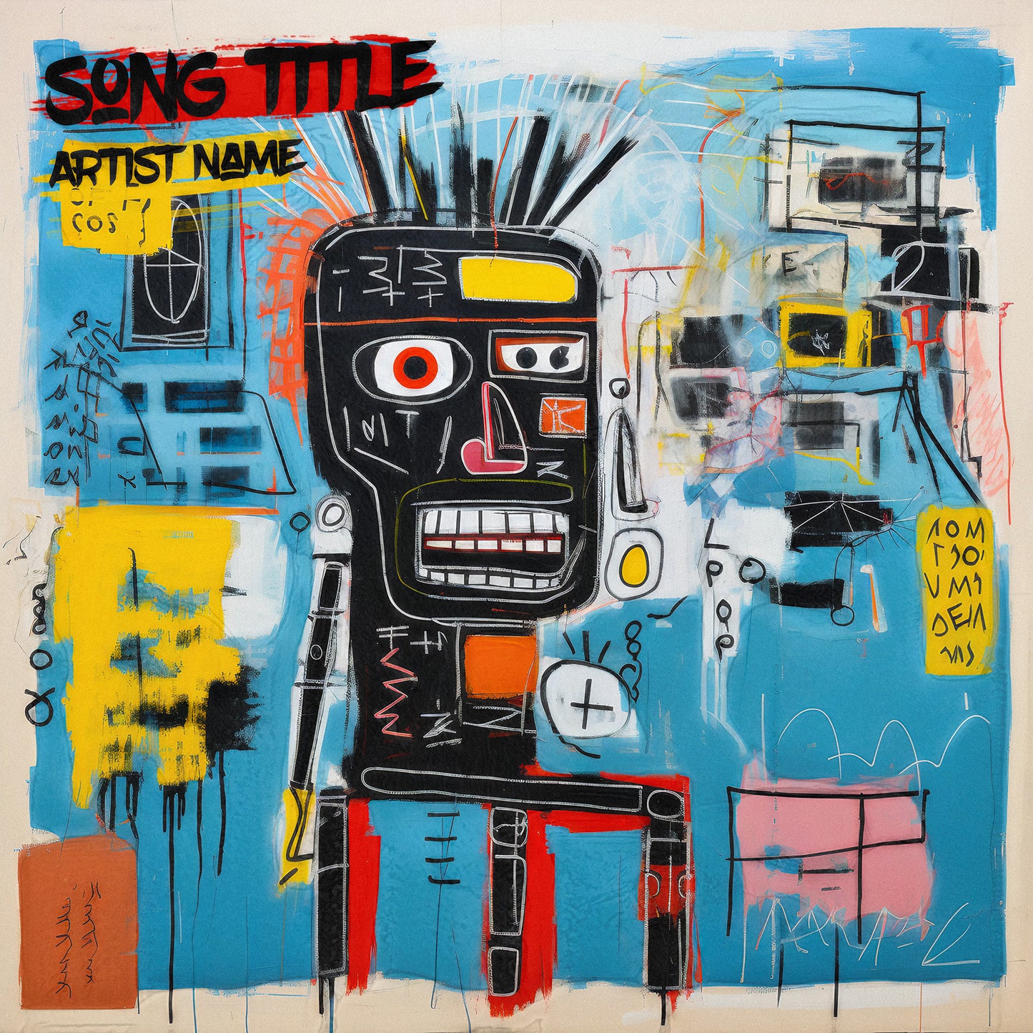 abstract illustration of a skeleton in the style of Basquiat, album cover art, music cover art, rap cover art