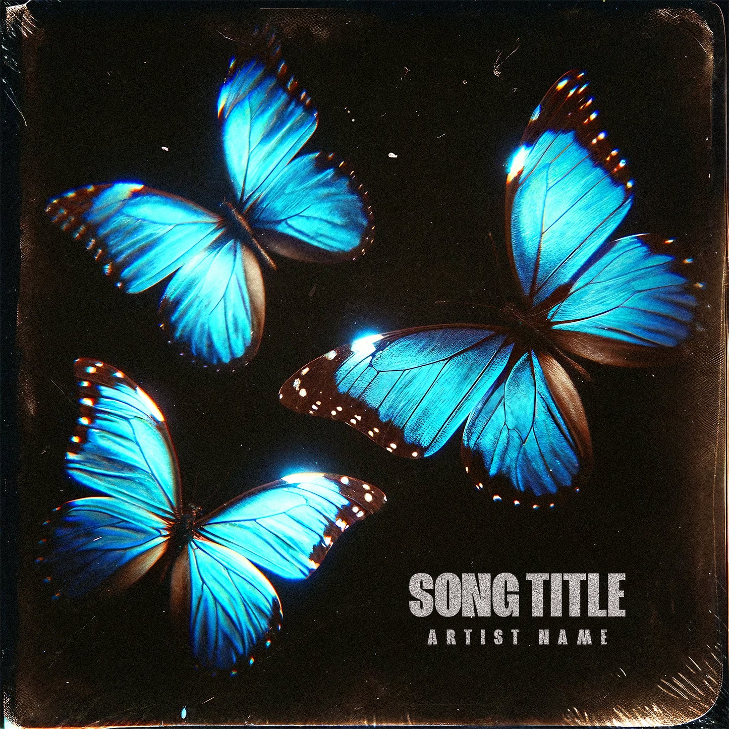 Blue butterflies on grunge background vintage cover art
