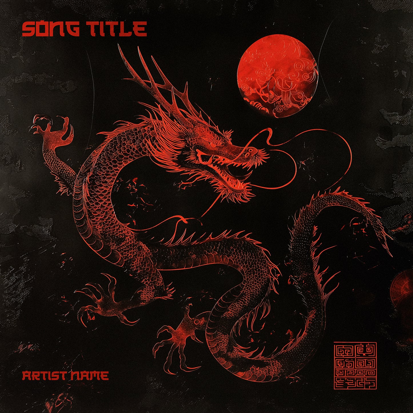 Red dragon illustration against black background Asian style cover art