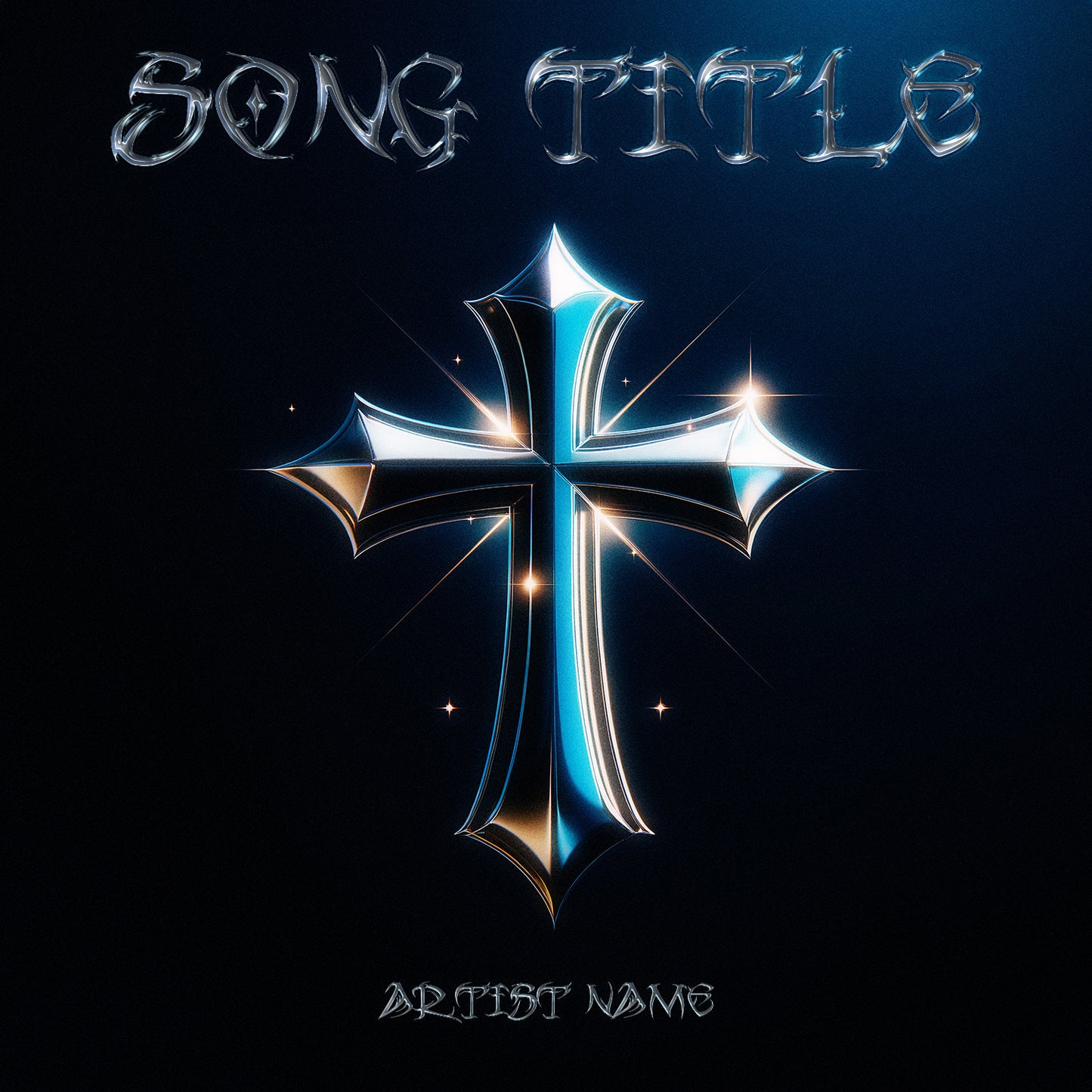 Glowing chrome cross 3D render cover art