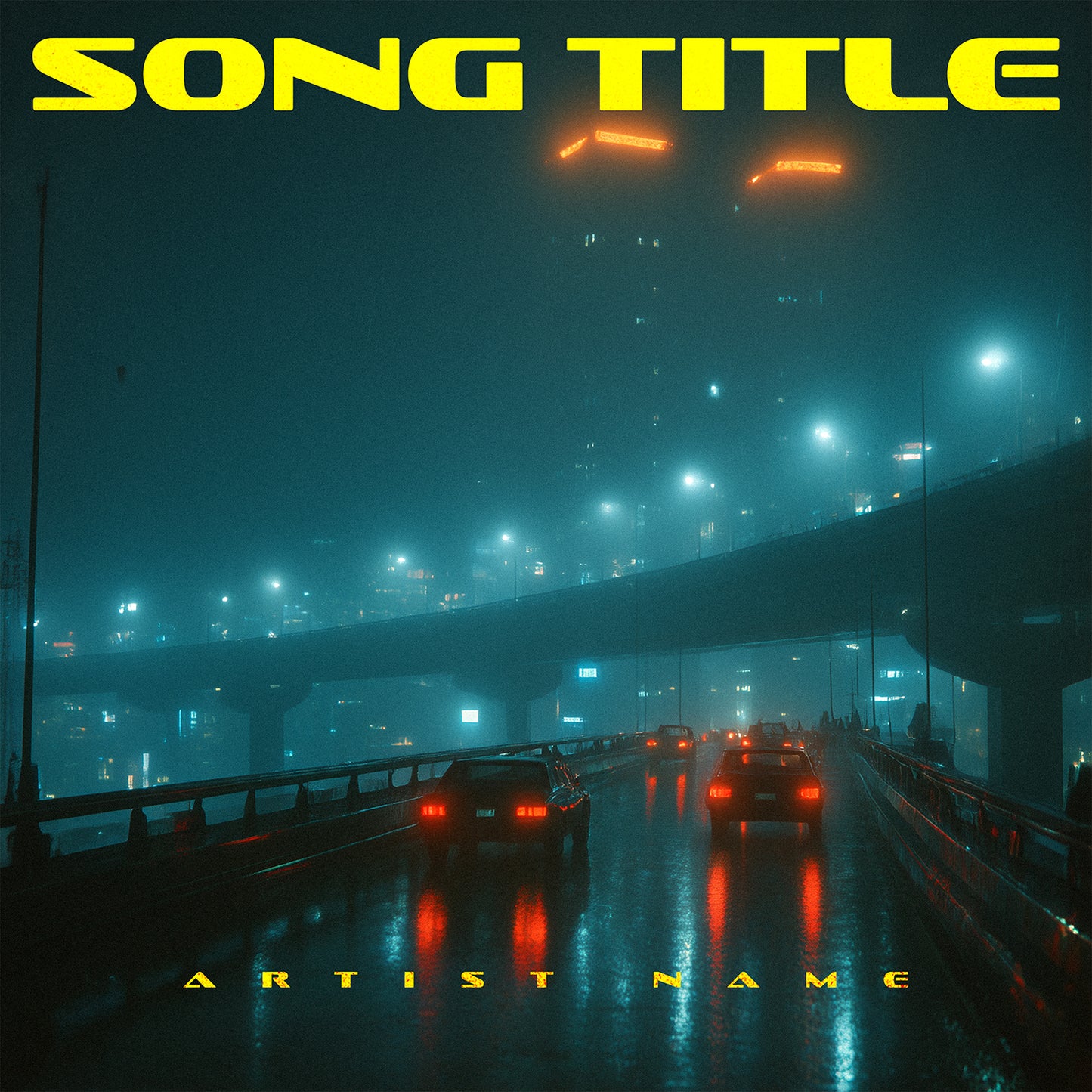 Album cover with a dark, rainy highway at night, cars on the road, and text for song title and artist name.
