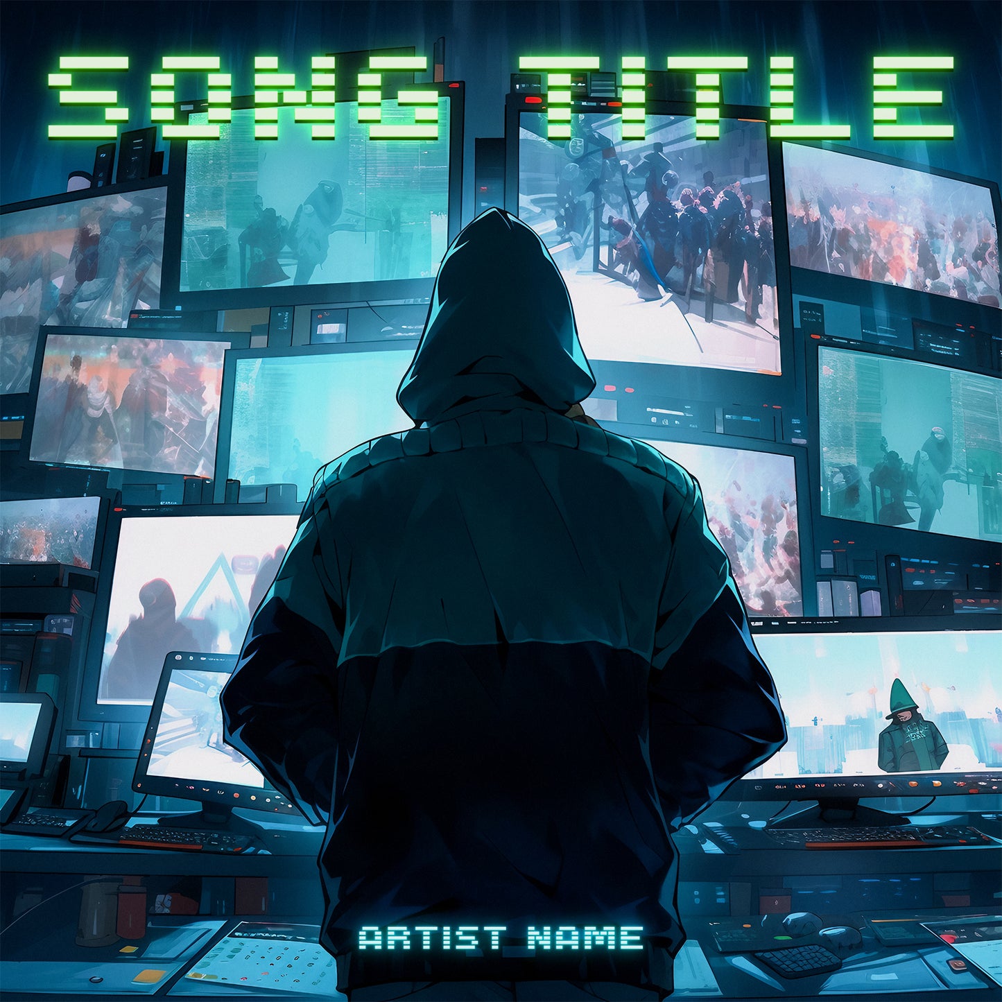 Dark web cctv monitors anime cover art for rap music