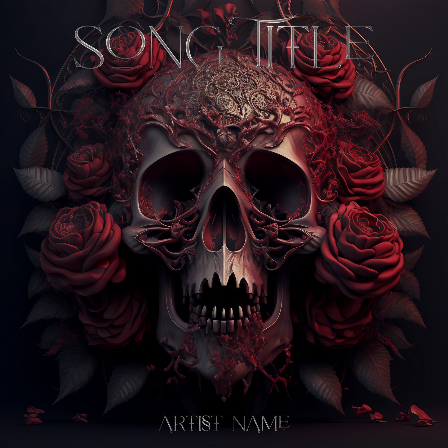 Metal skull, red roses, album cover