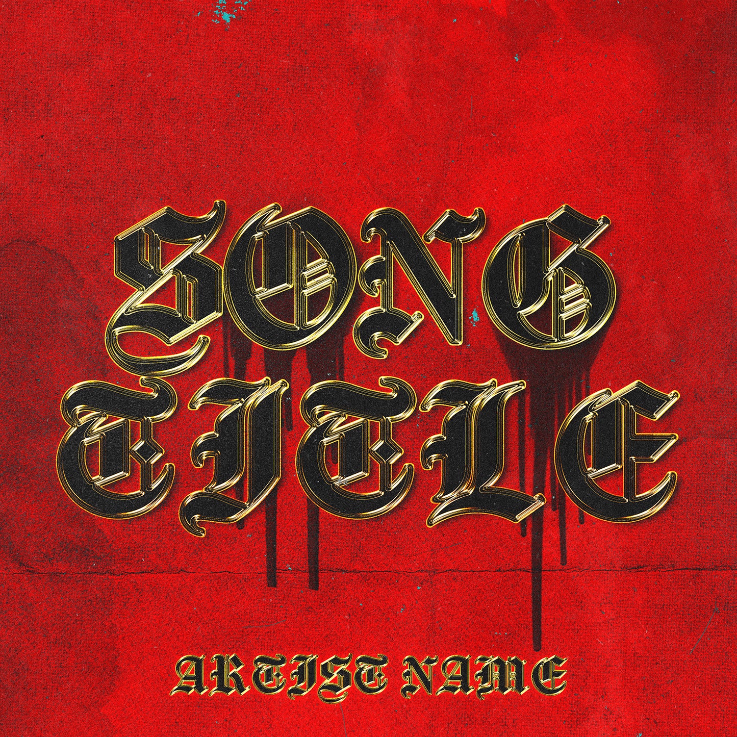 Gold blackletter font on grunge red background cover art