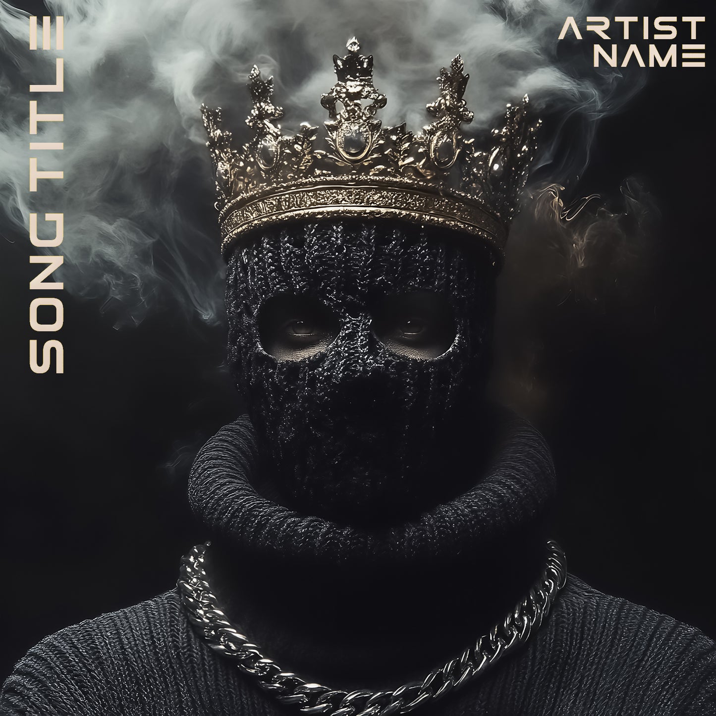 An album cover featuring a figure wearing a black knitted balaclava, a thick turtleneck sweater, and a large silver chain necklace, with a golden crown, against a dark, smoky background.