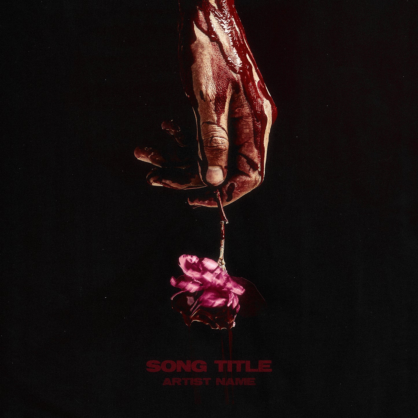 Bloody hand with pink rose on black background cover art