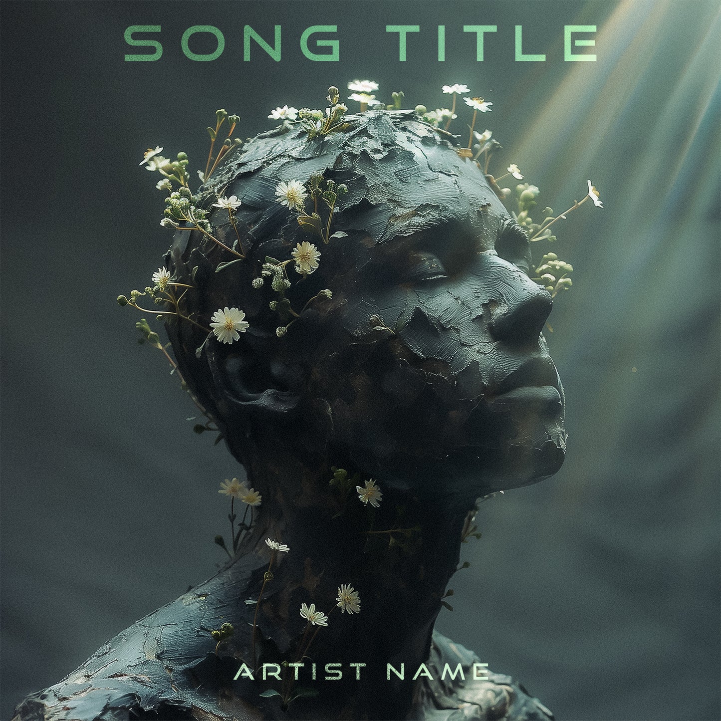 Stone portrait with sun rays and flowers CGI cover art