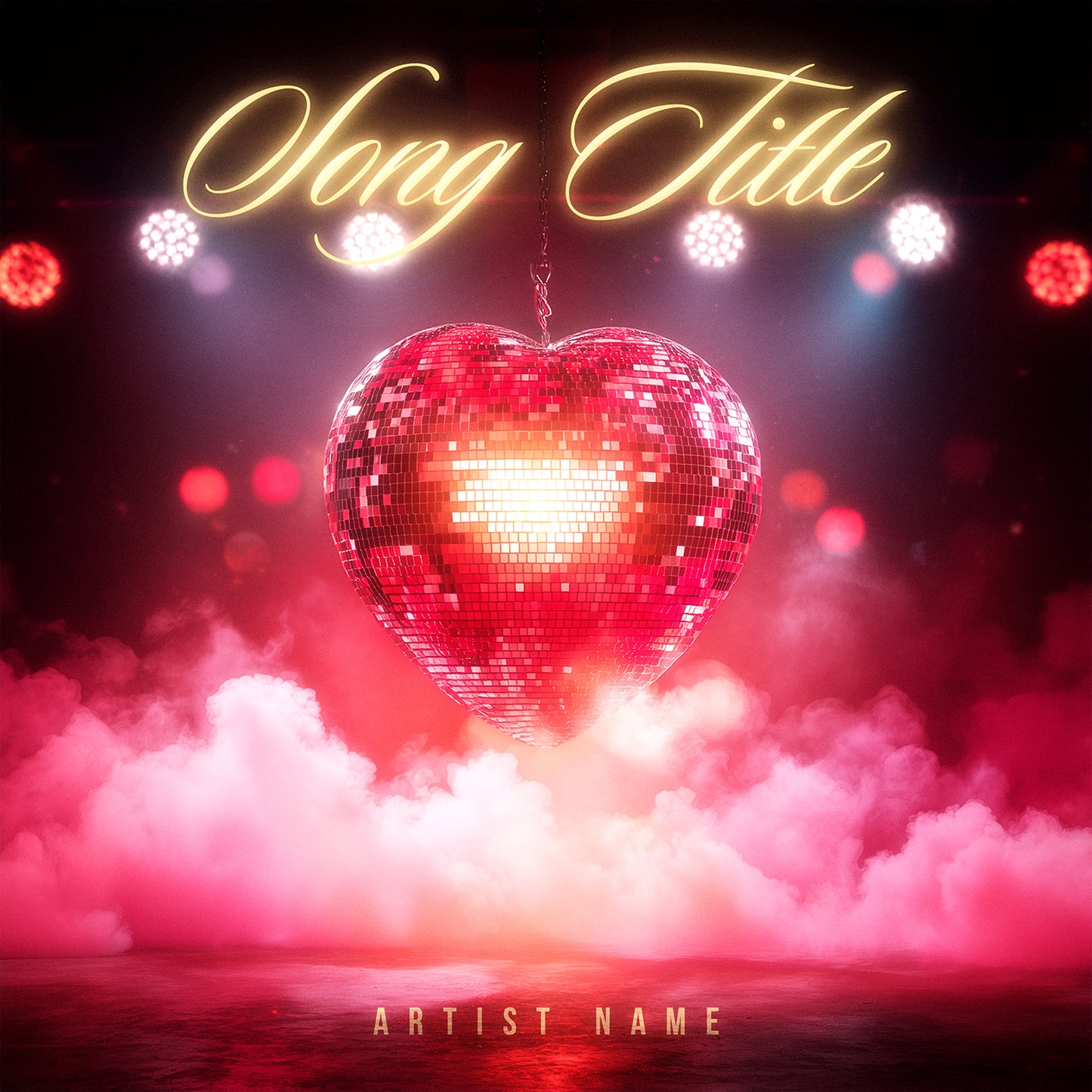 Album cover with a disco ball heart, smoke effects, and 'Song Title' and 'Artist Name' text.