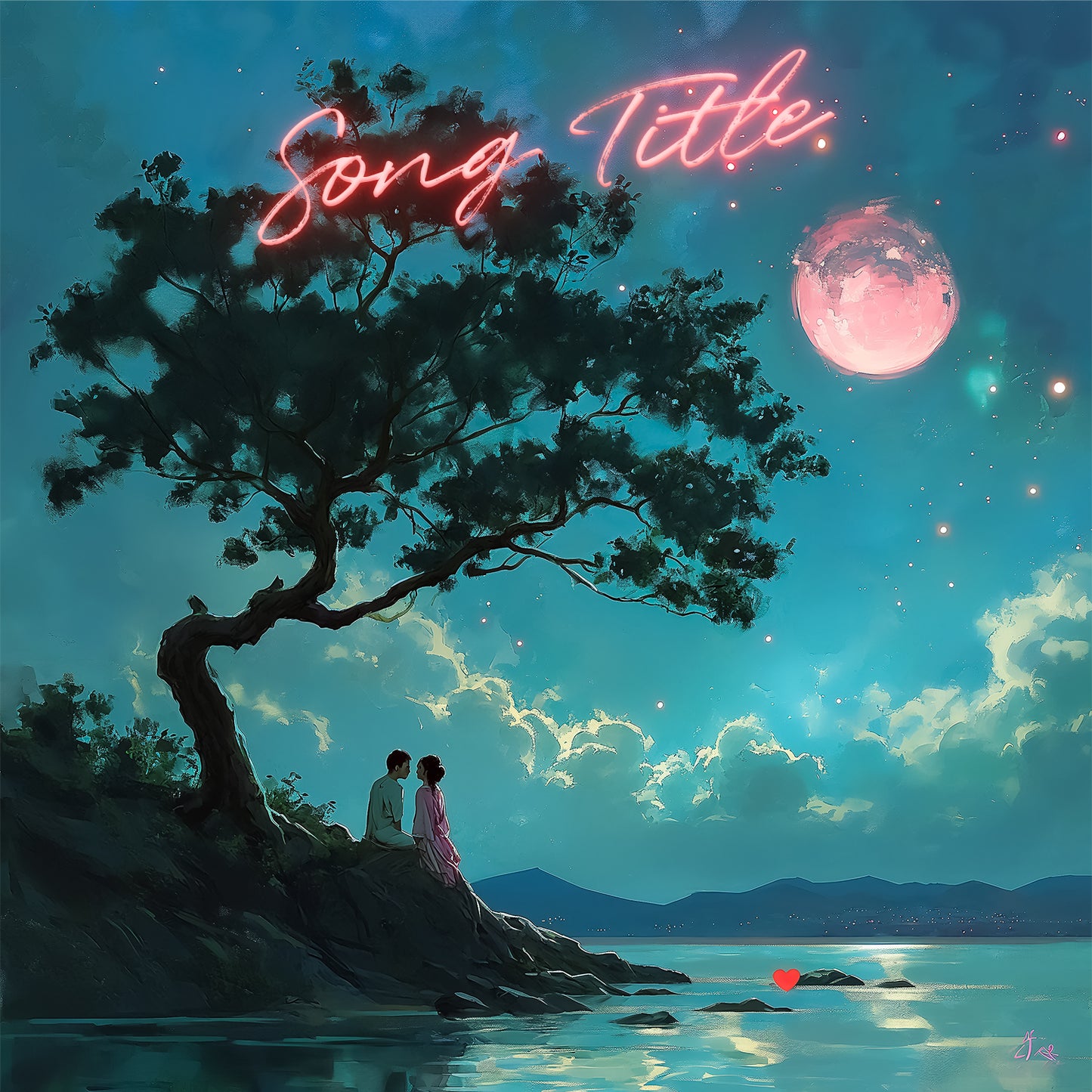Anime couple under red moon by lake music cover art