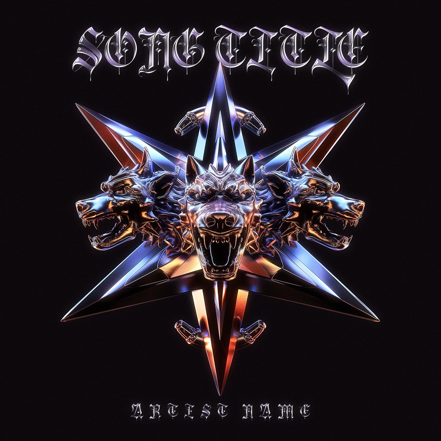 Metallic three-headed dog star emblem 3D render cover art