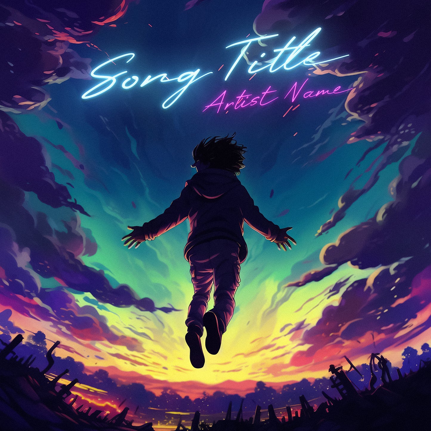 Anime guy levitating in sunset music cover art