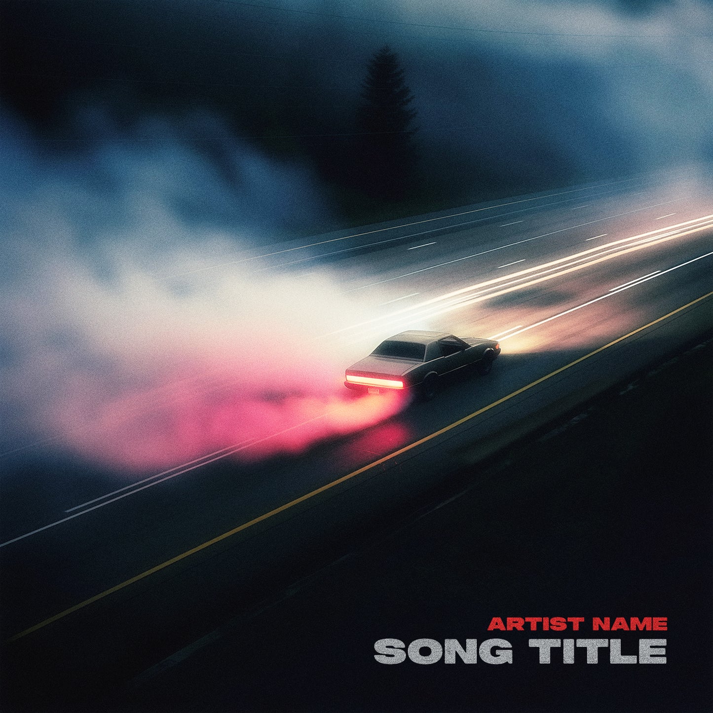 Car speeding on highway at night digital art