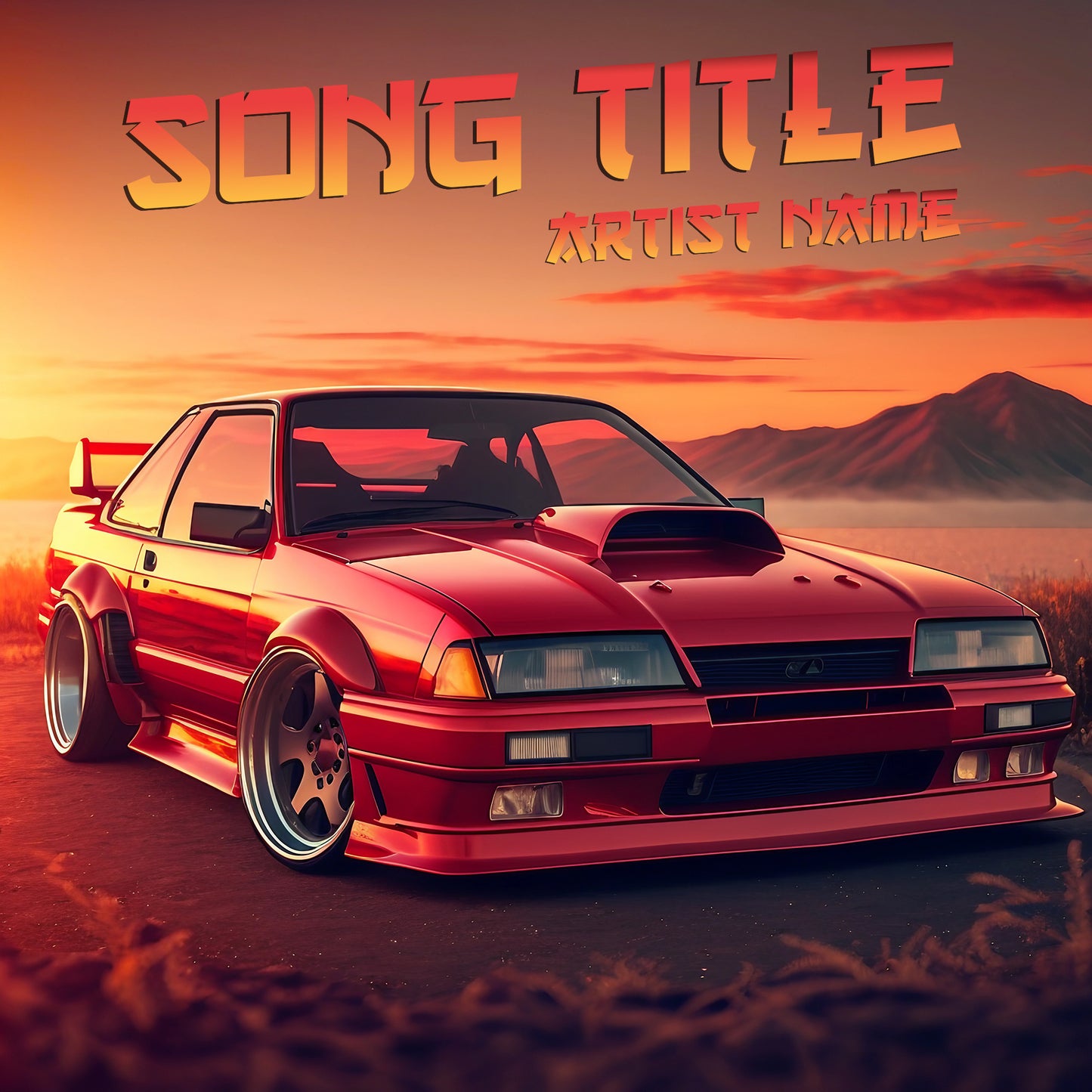 Retro Nissan sports car in Japan, cover art for an album, song cover art