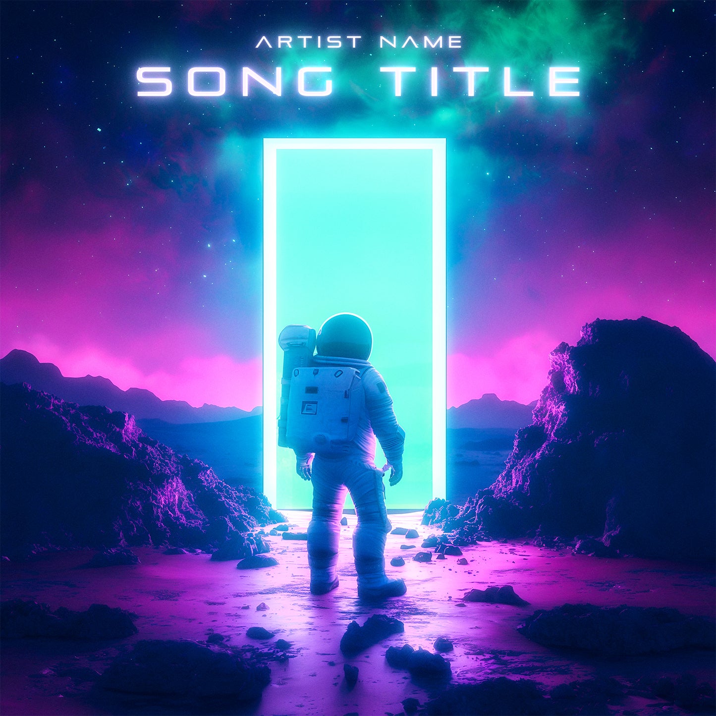 Astronaut next to portal on distant planet cover art