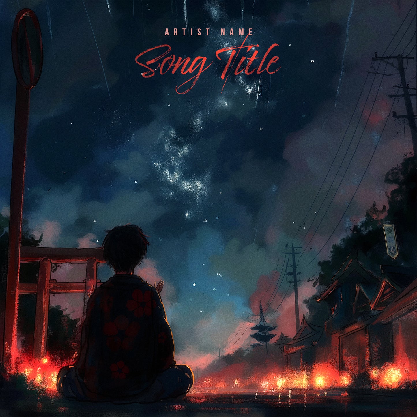 Boy sitting looking at night sky anime watercolor cover art