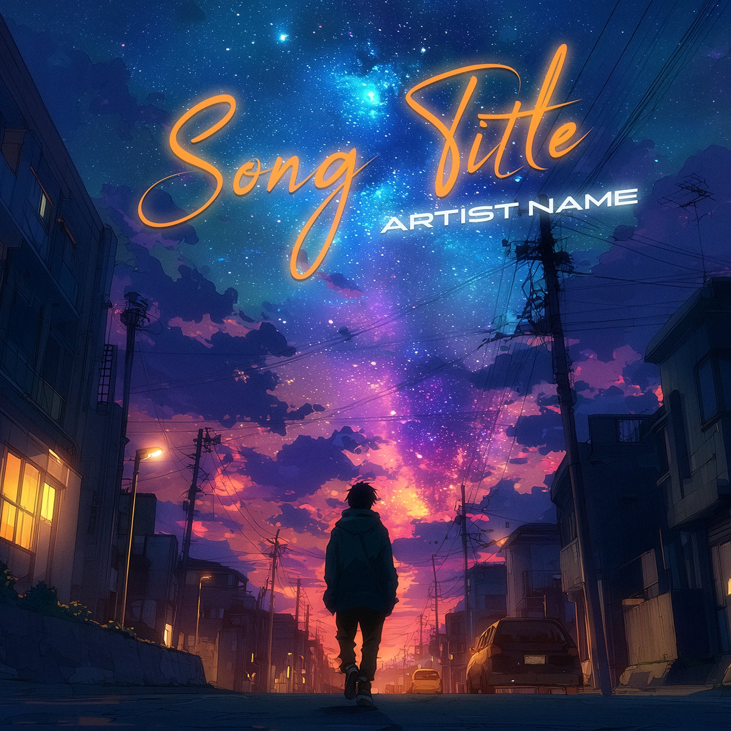 Person walking on a street under a vibrant, colorful sky with 'Song Title' and 'Artist Name' text overlay.