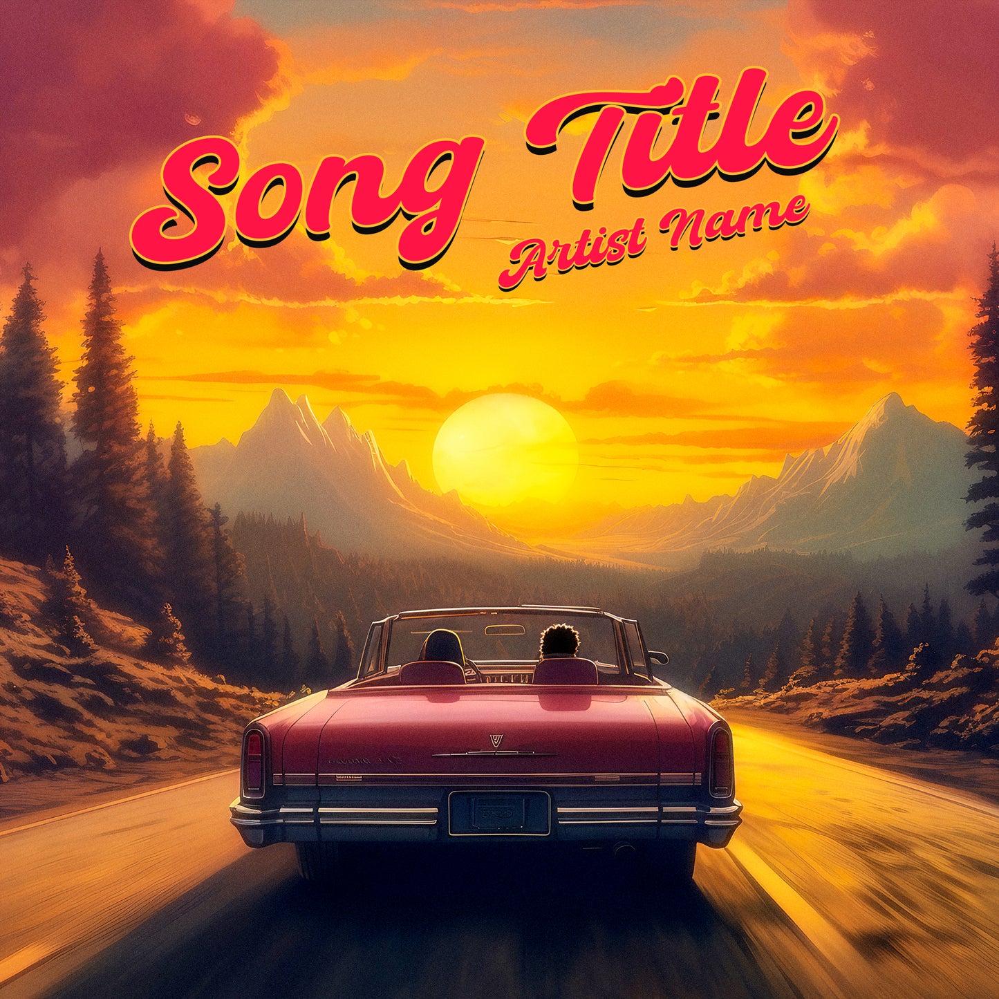 Sunset road trip Cadillac album cover art for music.