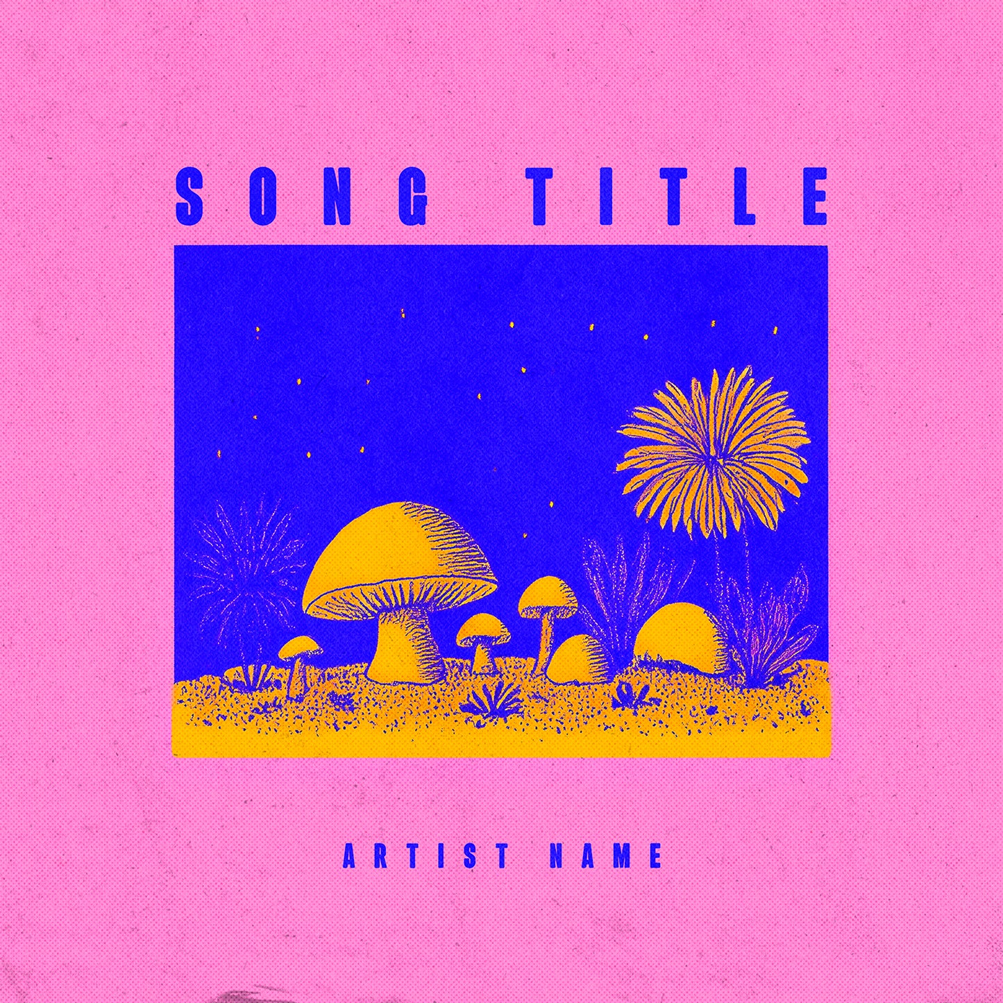 Album cover with mushrooms and flowers on a pink and blue background