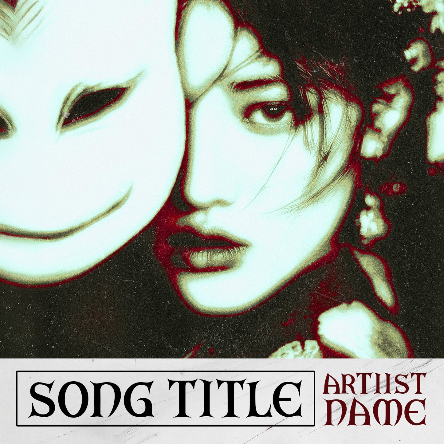 Close-up of a woman’s face partially hidden behind a white noh-style mask with cyan highlights, red shadows, floral background, and subtle film grain, album cover