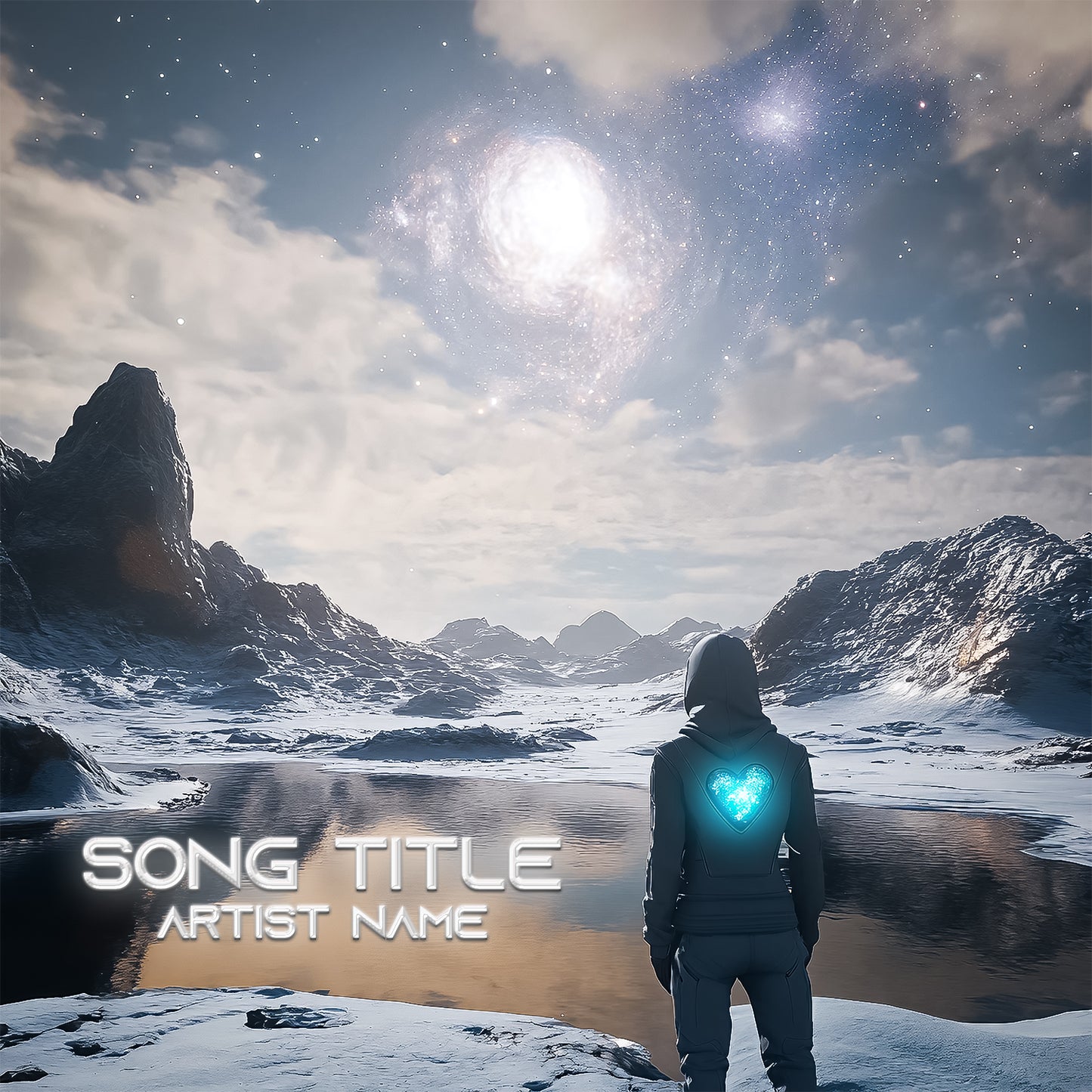 Futuristic astronaut with glowing heart on suit standing by frozen lake