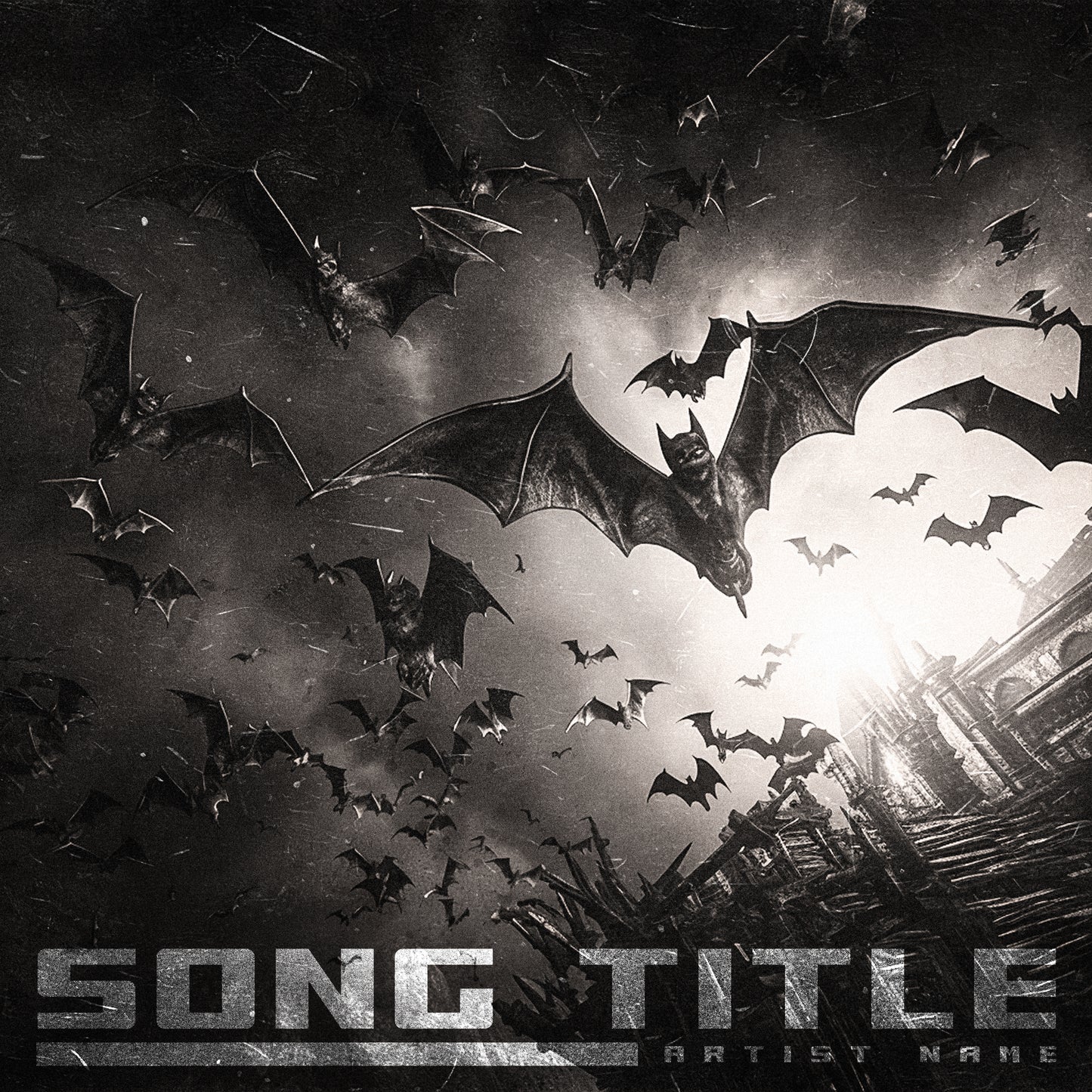 Bats flying in a stormy sky with gothic building - Cover Art Design