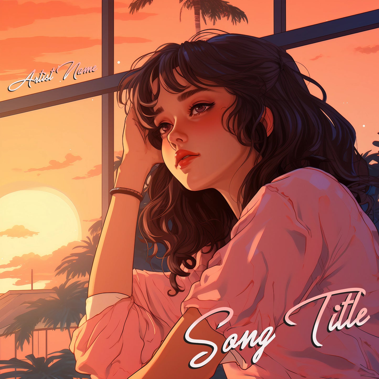 Sad girl in retrowave anime style cover art, embodying a blend of nostalgia and emotion.
