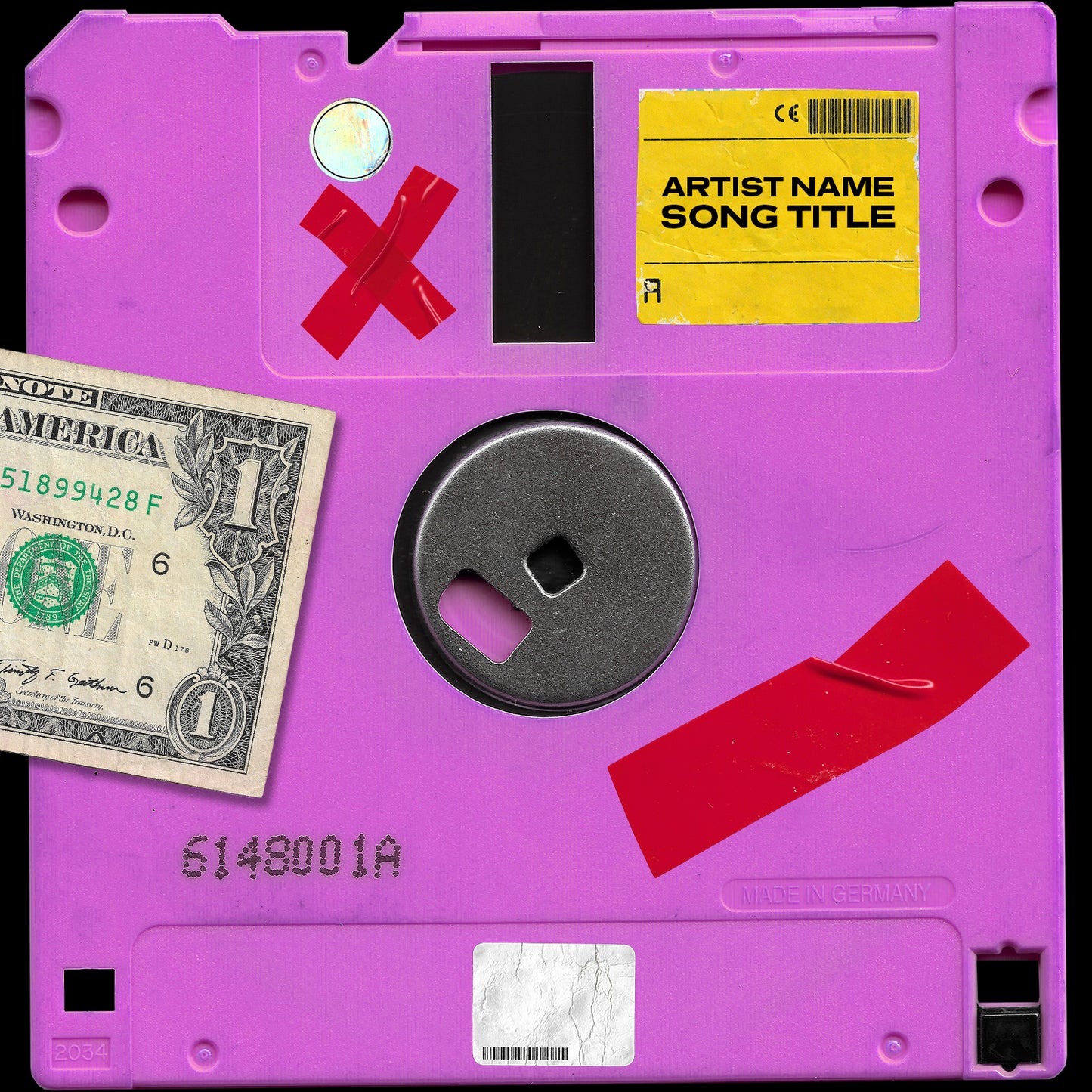Purple floppy disc with tape and dollar bill overlapping