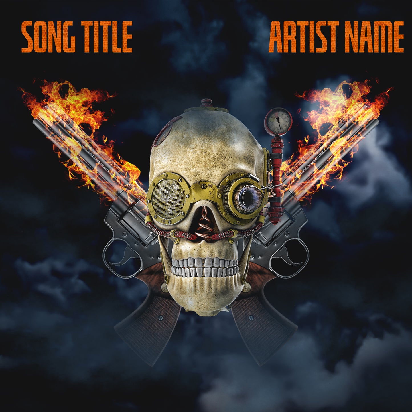 Unique skull skeleton head with two fiery guns cover art, embodying the convergence of life, death, power, and destruction.