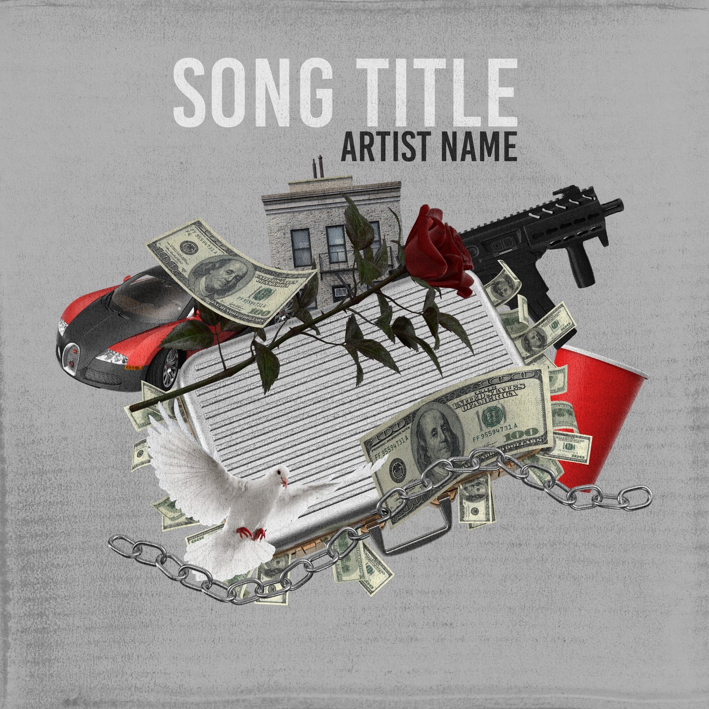 Collage of money, doves, guns, and cars on grungy grey background cover art, embodying urban intensity.
