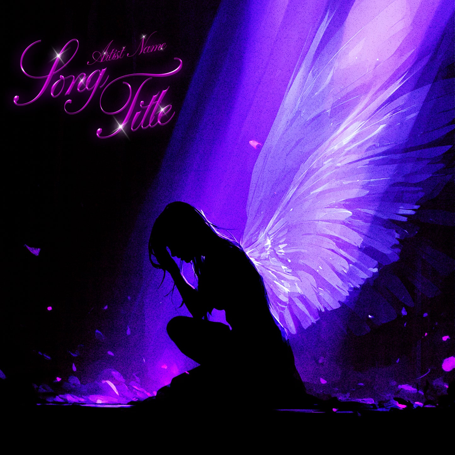 Kneeling silhouette with glowing purple angel wings under a dramatic spotlight with floating particles and petals, cover artwork
