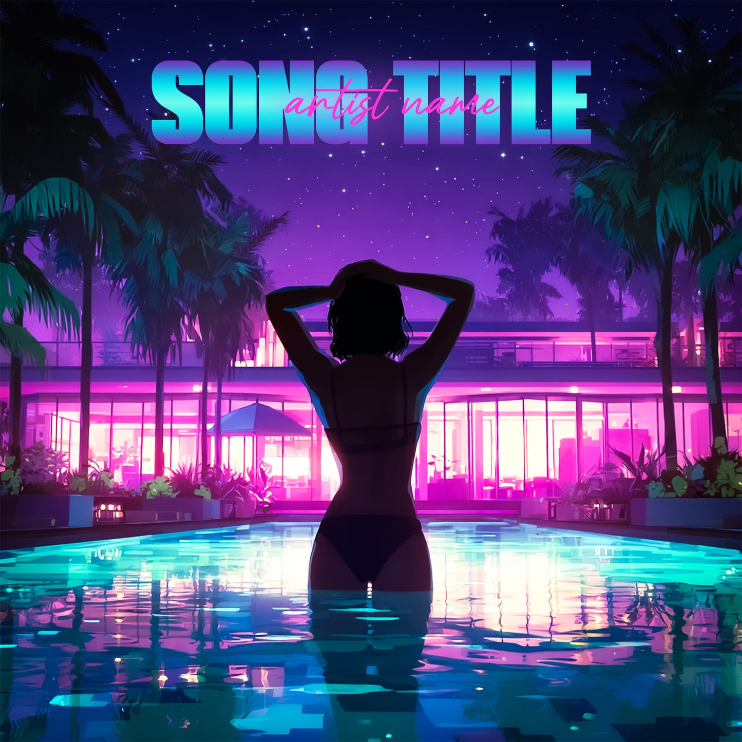 Silhouette of woman in glowing pool with neon house and palm trees at night