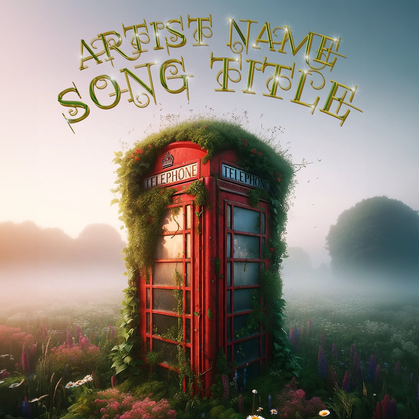 Vintage red telephone box in field of wildflowers – Cover Art Design