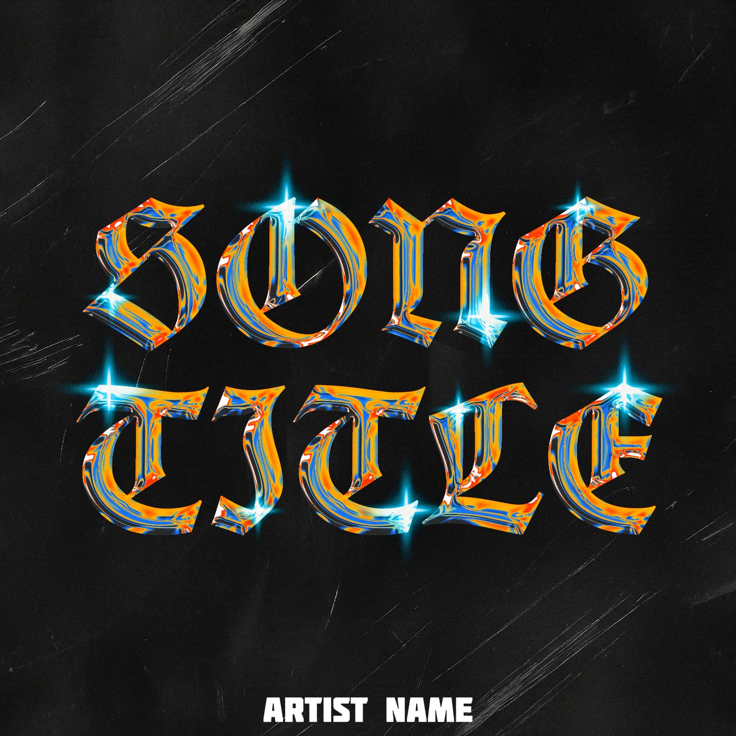 Bold gothic font in orange and blue chrome style on vintage textured background - Cover Art Design