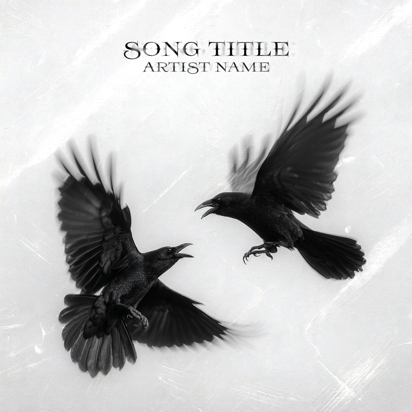 Two black crows fighting mid-air on a pale textured background