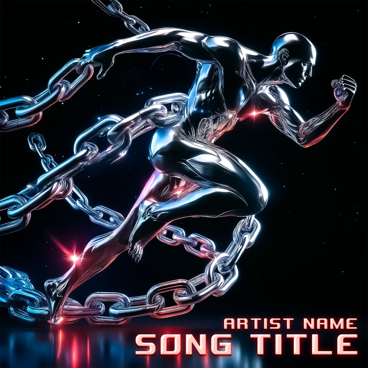 Dynamic sculpture of running figure encased in glowing chains – Cover Art Design