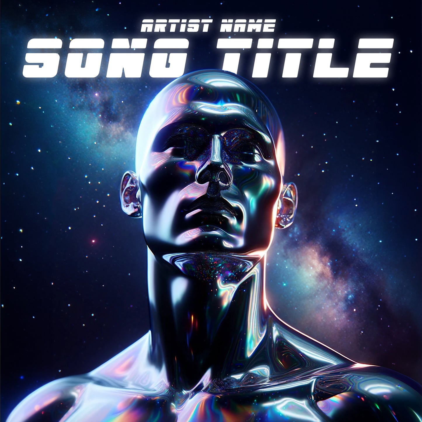 Reflective figure in a cosmic space-themed backdrop cover art, refracting light in a mesmerizing array of colors.