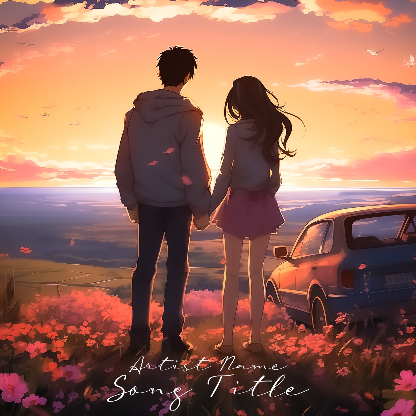 Couple holding hands, watching sunset – Cover Art Design