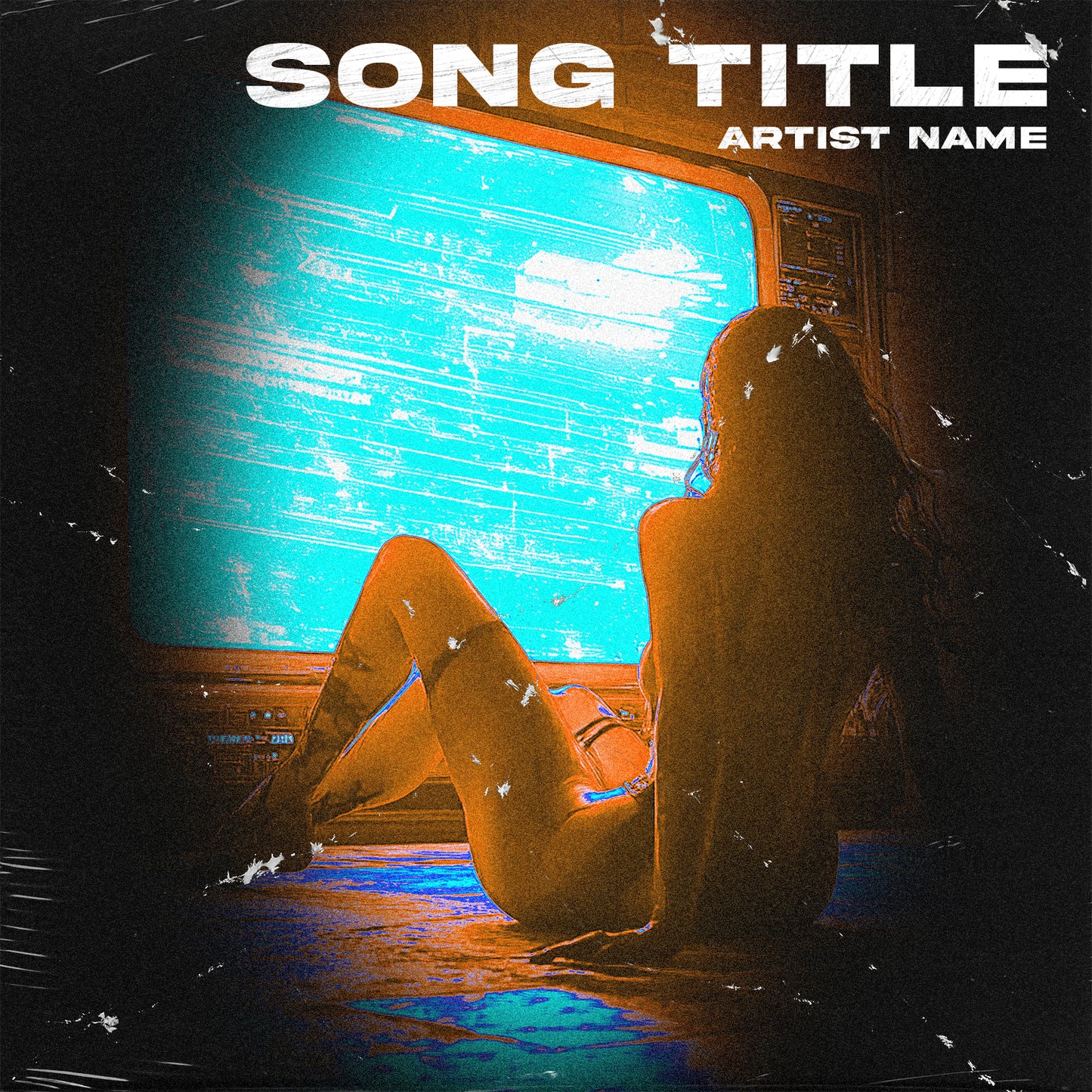 Silhouetted figure sitting on the floor lit by a glitchy blue CRT television with VHS distortion and film grain