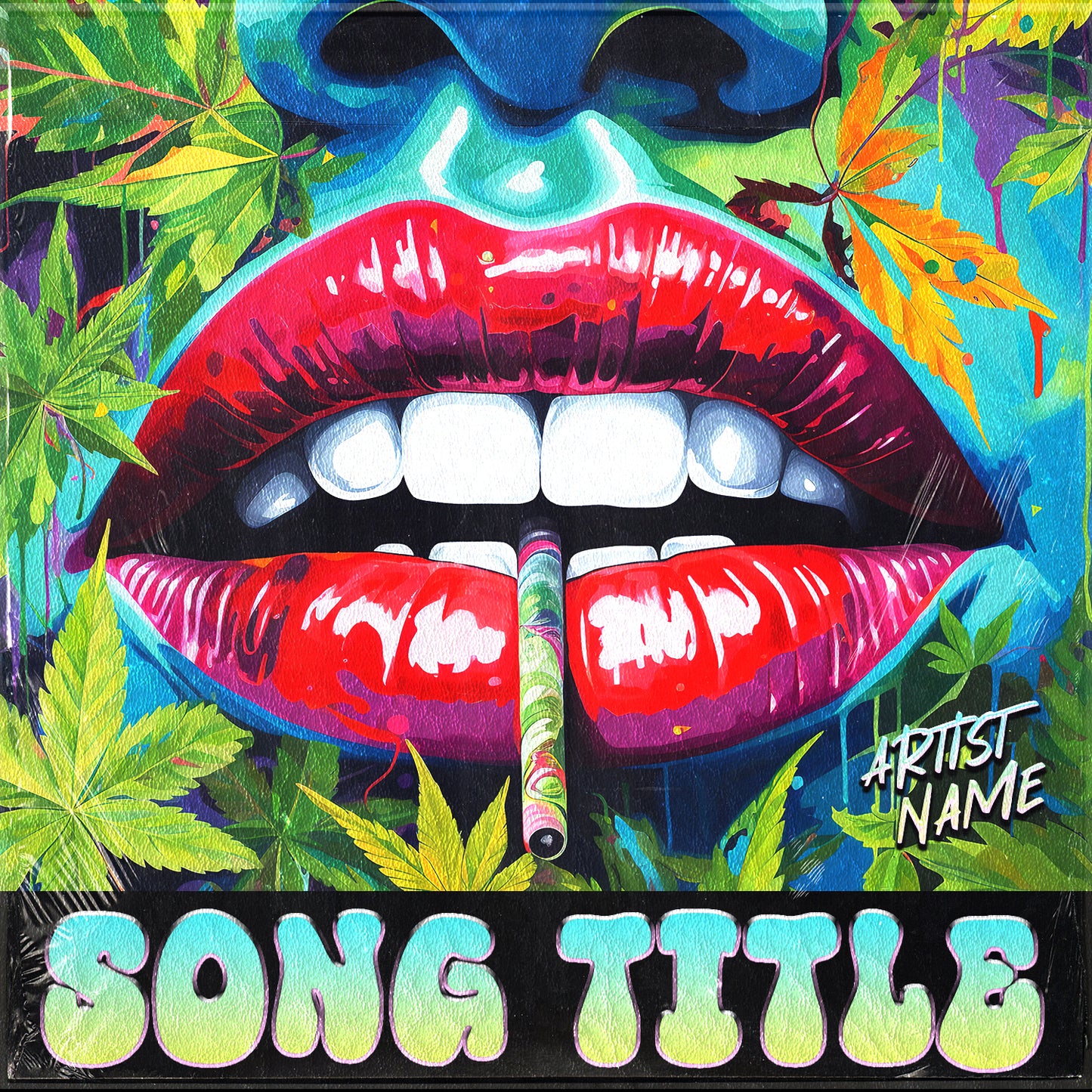 Surreal close-up of woman's lips smoking joint overlaid with leaves – Cover Art Design