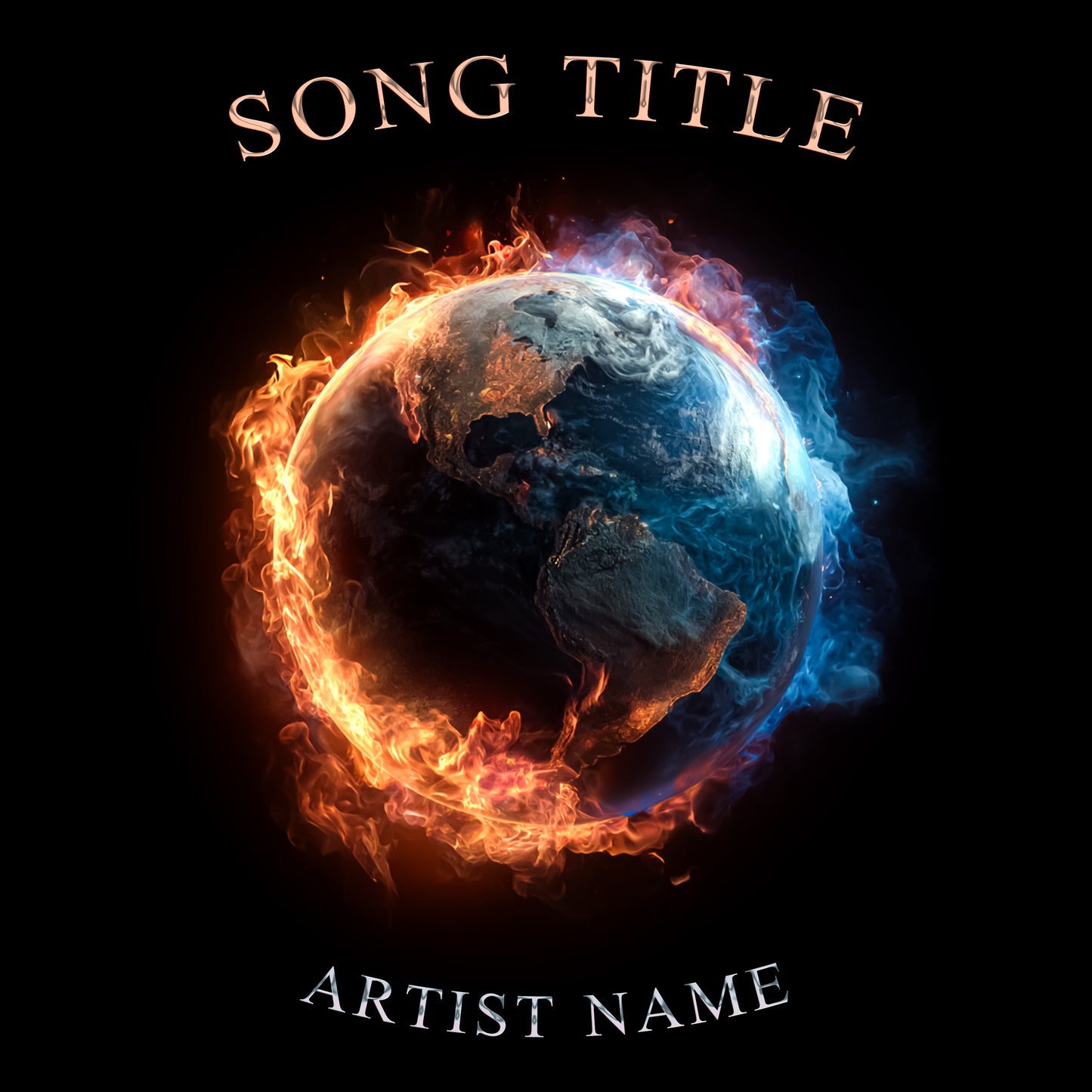 Earth engulfed in fire and ice with glowing contrast against dark background