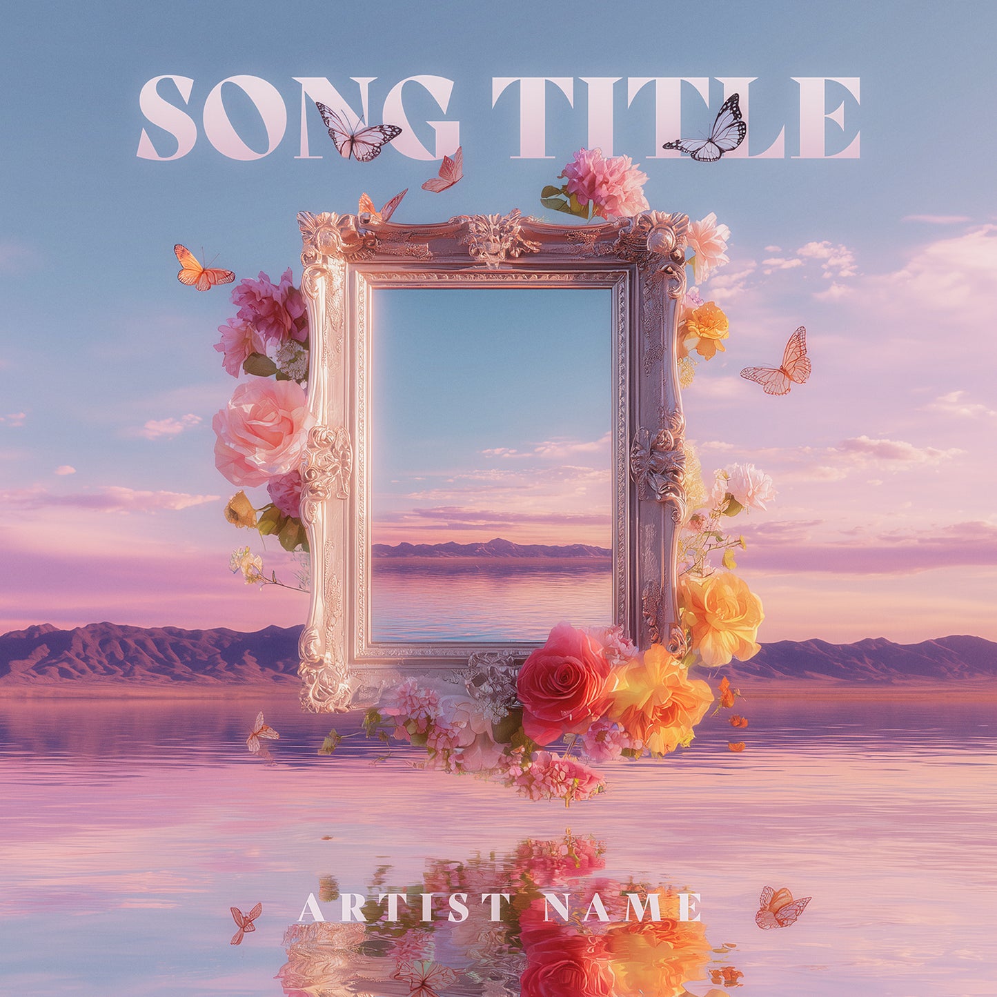 Album cover with a decorative frame, flowers, and butterflies against a scenic background.