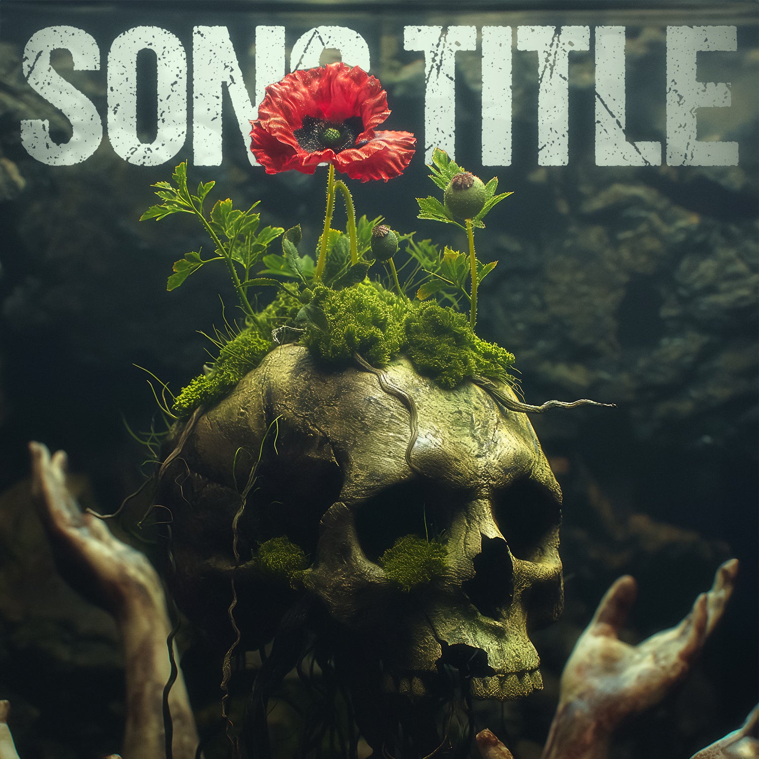 Rose growing from moss-covered skull digital art