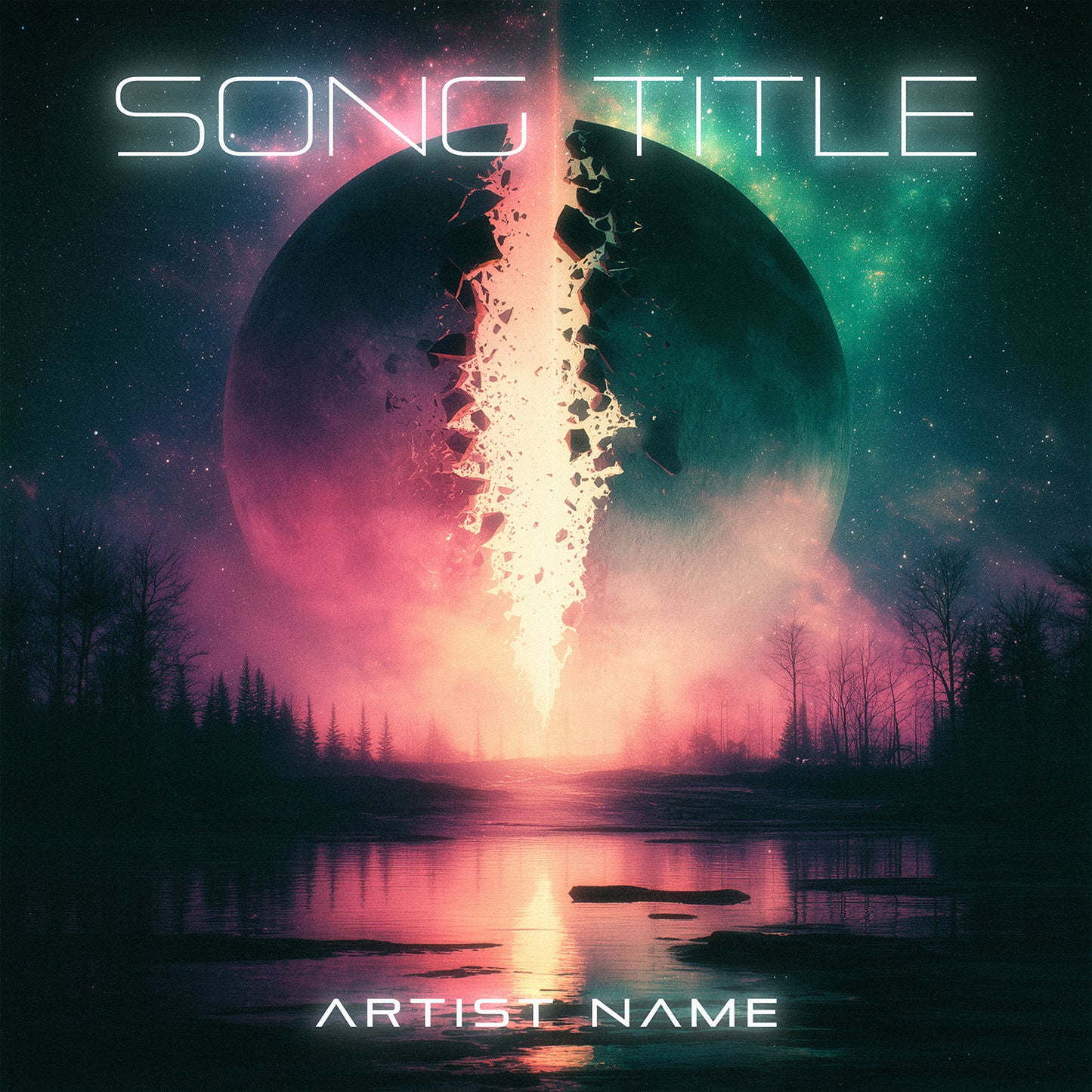Album cover with a cosmic scene featuring a large planet and a forest, with 'Song Title' and 'Artist Name' text.