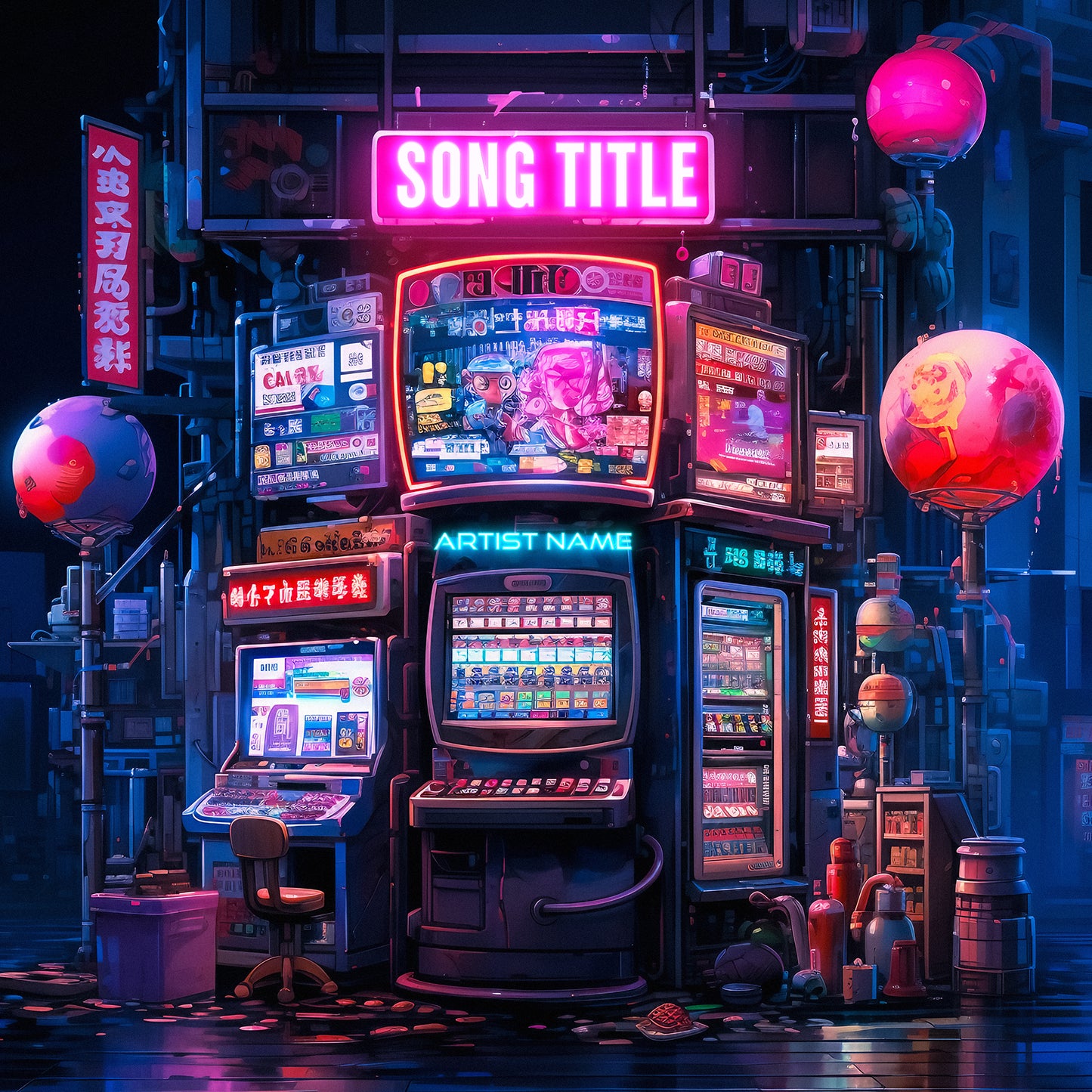 Neon arcade machines on the rainy Japanese street, cover art for the song, album cover art, music cover art