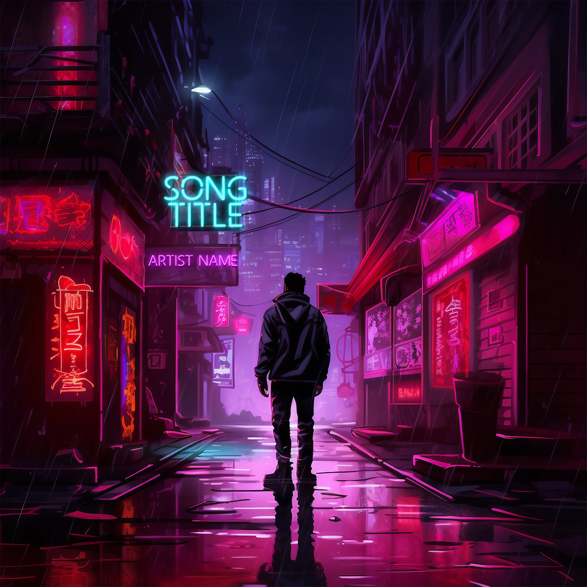 A man is standing in the middle of the neon street at night, cover art for music, cover art design, album cover