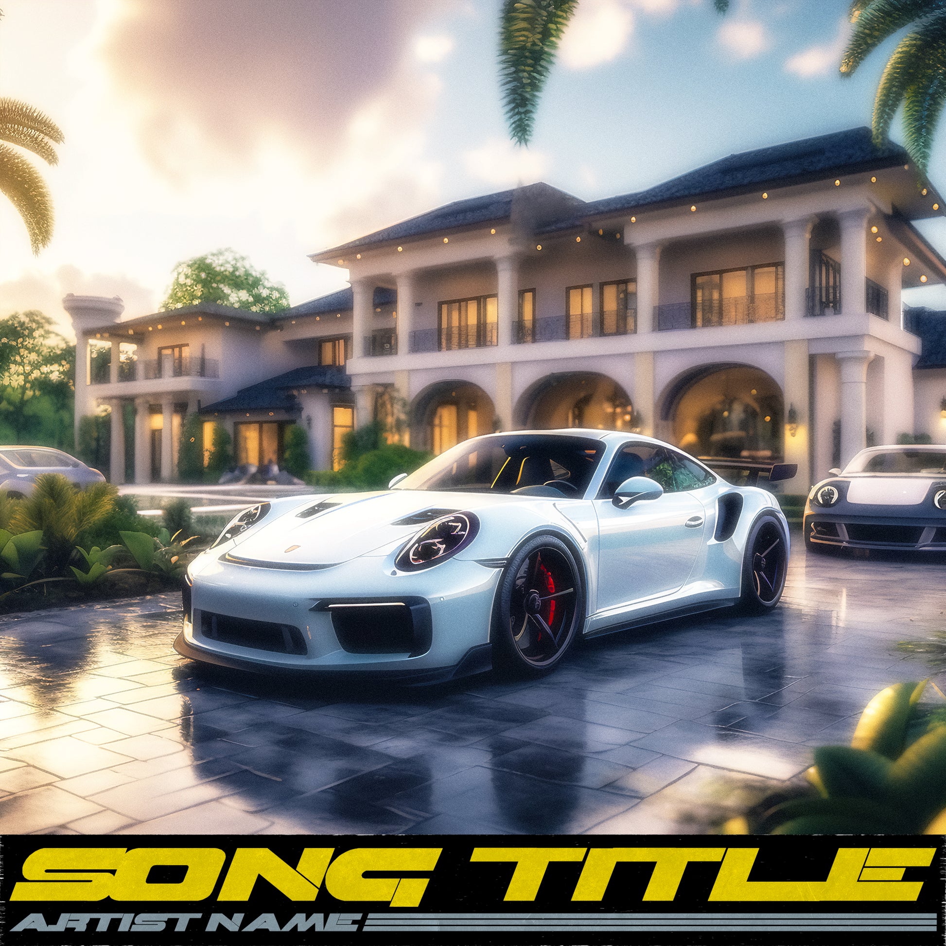 Baller, Porsche 911 mansion driveway, luxury, cover art for rap music, trap music