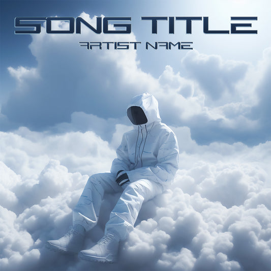 Believer person in a white outfit sitting in the clouds, album art, mixtape cover, cover art design